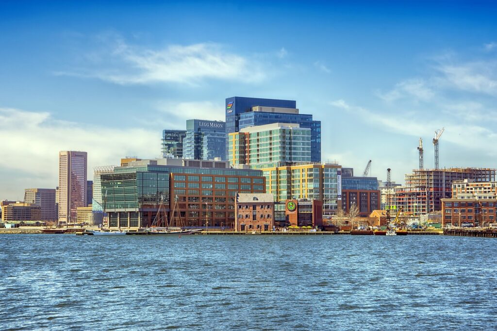 baltimore, harbor, nature, dock, ship, city, urban, water, skyline